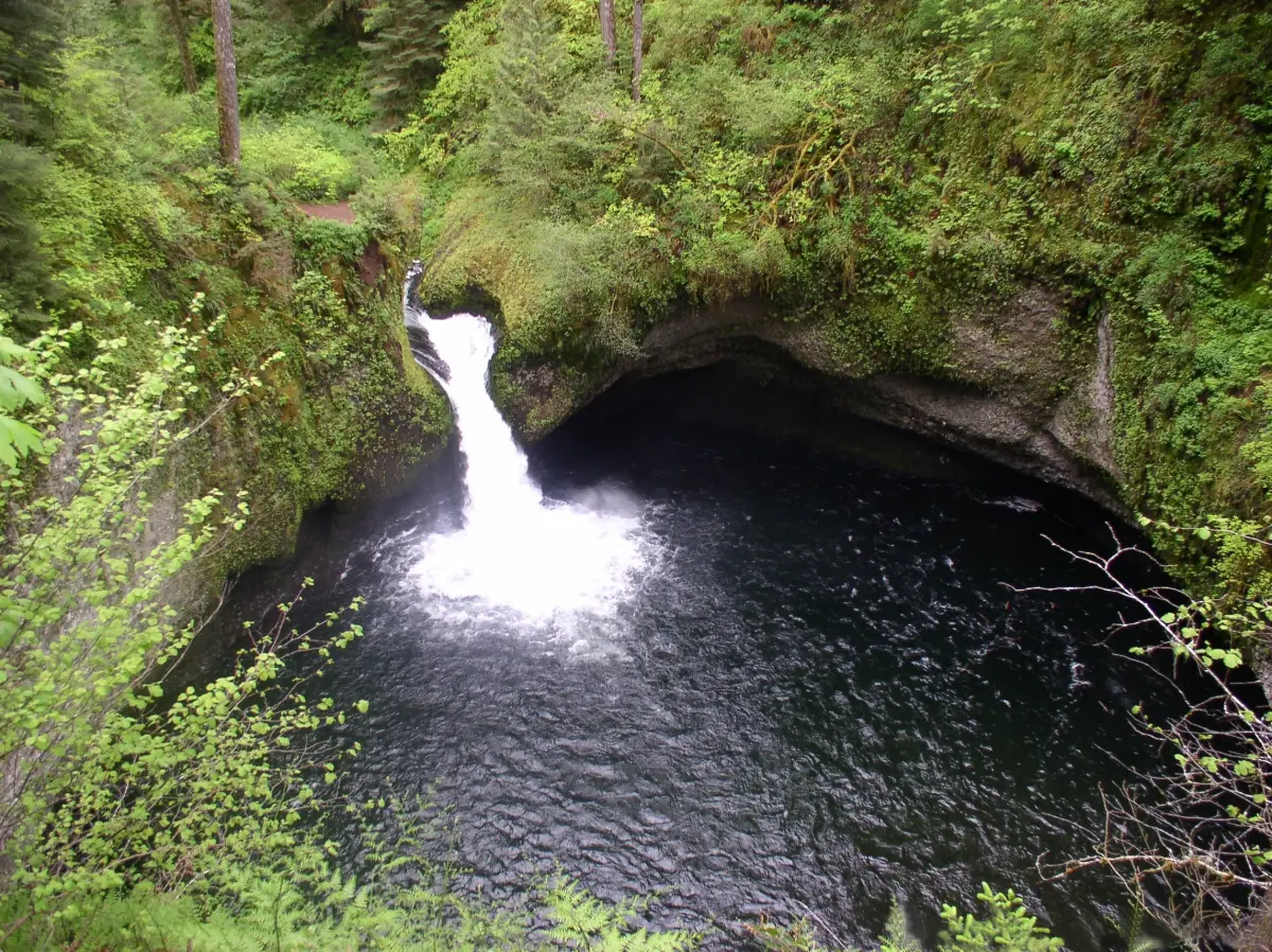 Punch Bowl Falls on Eagle Creek — 36-foot waterfall dropping into a circular turquoise plunge pool surrounded by basalt amphitheater walls